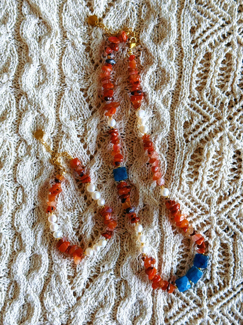 Orange & Blue Gemstone Pearl Necklace
